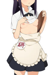 Rule 34 | 1girl, apron, black bow, black skirt, black thighhighs, blue hair, bow, breasts, breasts out, clothes lift, frilled apron, frills, head out of frame, highres, holding, holding tray, long hair, morisobo, nipples, no bra, paid reward available, shirt lift, simple background, skirt, small breasts, solo, thighhighs, tray, waist apron, white apron, white background, working!!, yamada aoi, zettai ryouiki