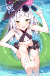 Rule 34 | 1girl, :d, adjusting eyewear, bare arms, bare shoulders, barefoot, bikini, bikini skirt, blunt bangs, blush, breasts, cleavage cutout, clothing cutout, eyewear on head, feet, from above, halterneck, hat, highres, hololive, in water, innertube, long hair, looking at viewer, mizuki ryuu, murasaki shion, murasaki shion (hololive summer 2019), one-piece swimsuit, open mouth, outdoors, purple hat, purple one-piece swimsuit, small breasts, smile, soles, solo, sunglasses, swim ring, swimsuit, teeth, upper teeth only, virtual youtuber, white hair, witch hat, yellow eyes
