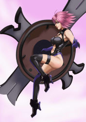 Rule 34 | armor, armored dress, bare shoulders, boots, breasts, cleavage cutout, clothing cutout, elbow gloves, fate/grand order, fate (series), from side, gloves, high heels, highres, holding, holding shield, jumping, kouichi09, large breasts, light purple hair, mash kyrielight, navel cutout, pink hair, purple eyes, purple gloves, shield, short hair, solo, thigh boots, thigh strap, thighhighs, thighs