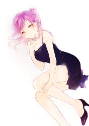 Rule 34 | 1girl, bad id, bad tumblr id, black dress, breasts, cleavage, dress, expressionless, flower, flower necklace, from above, hair bun, high heels, jewelry, looking at viewer, lpip, lying, necklace, no socks, on side, original, pink hair, short dress, side bun, single side bun, solo, yellow eyes