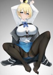 Rule 34 | 1girl, absurdres, black bra, black pantyhose, blonde hair, blue eyes, blue skirt, blush, bound, bra, breasts, cleavage, closed mouth, clothes pull, cuffs, full body, girls&#039; frontline, hair ornament, handcuffs, harness, highres, jacket, jacket pull, large breasts, legs, long sleeves, looking at viewer, mole, mole under eye, no shoes, on floor, pantyhose, police, police uniform, policewoman, shackles, shirt, short hair, skirt, snowflake hair ornament, solo, spread legs, thighs, toes, underwear, uniform, vsk-94 (girls&#039; frontline), white background, white shirt, yanwulazy