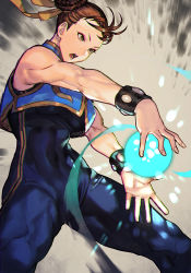 Rule 34 | 1girl, bare shoulders, blue bodysuit, bodysuit, bracelet, breasts, brown eyes, brown hair, capcom, chun-li, covered navel, crop top, energy, energy ball, hair ribbon, hungry clicker, jewelry, kikouken, large breasts, long hair, muscular, muscular female, open mouth, ribbon, sleeveless, solo, street fighter, street fighter zero (series), thighs, toned
