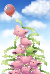 Rule 34 | alternate color, balloon, closed mouth, cloud, commentary request, creatures (company), day, game freak, gen 2 pokemon, highres, holding, holding string, hoppip, nintendo, no humans, open mouth, outdoors, pokemon, pokemon (creature), sasabunecafe, shiny and normal, shiny pokemon, sky, smile, string, tongue, yellow eyes