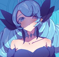 Rule 34 | 1girl, ahoge, bare shoulders, black bow, black sleeves, blush, bow, breasts, collarbone, detached sleeves, drill hair, green eyes, gwen (league of legends), hair bow, heterochromia, large breasts, league of legends, long hair, monakan japan, portrait, red eyes, solo, swept bangs, twin drills, twintails