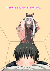Rule 34 | 1boy, 1girl, barefoot, black hair, blush, character request, english text, faceless, faceless male, feet, from below, girls&#039; frontline, leg up, long hair, lying, nush advance, on stomach, purple eyes, short hair, silver hair, smile, soles, standing, standing on one leg, toes