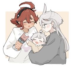 Rule 34 | 2girls, :o, ahoge, baby, black headwear, blush, closed eyes, couple, grey sleeves, gundam, gundam suisei no majo, highres, holding baby, huge ahoge, long hair, long sleeves, looking at another, miorine, miorine rembran, multiple girls, open mouth, red hair, short hair, simple background, smile, suletta mercury, thick eyebrows, white hair, white sleeves, yuri
