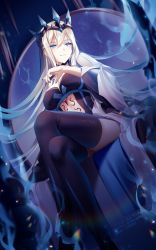 Rule 34 | 1girl, blue eyes, braid, breasts, crossed legs, crown, dress, fate/grand order, fate (series), french braid, highres, large breasts, long hair, looking at viewer, morgan le fay (fate), nail polish, rimuu, silver hair, sitting, smile, solo, tattoo, thighhighs, thighs, very long hair