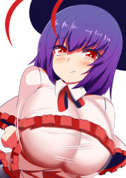Rule 34 | alternate breast size, black hat, bow, breasts, capelet, frilled capelet, frilled sleeves, frills, gero zoukin, hat, hat bow, hat ribbon, highres, large breasts, long sleeves, nagae iku, purple hair, red eyes, ribbon, short hair, simple background, smile, solo, touhou, white background