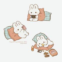 Rule 34 | animal focus, ayu (mog), cellphone, chips (food), commentary, eating, food, juice, nintendo switch, no humans, original, phone, pillow, plaid pillow, rabbit, simple background, smartphone, solo, symbol-only commentary, white background, white fur