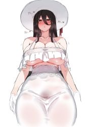 Rule 34 | 1girl, bare shoulders, black hair, blush, breasts, brown eyes, cleavage, covered erect nipples, hair between eyes, hasshaku-sama, highres, large breasts, long hair between eyes, looking at viewer, open mouth, original, simple background, sketch, skirt, solo, underboob, white background, xiangzi box