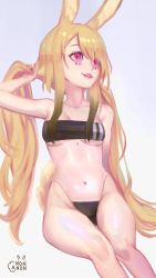 Rule 34 | 1girl, absurdres, alternate costume, animal ear fluff, animal ears, anon non, anon non (artist), black one-piece swimsuit, blonde hair, breasts, clip studio paint (medium), collarbone, colored eyelashes, covered navel, eyebrows hidden by hair, gris swimsuit, head tilt, highres, holding, holding own hair, legs together, long hair, looking down, low twintails, meme attire, one-piece swimsuit, parted bangs, parted lips, pink eyes, prism project, rabbit ears, rabbit tail, see-through one-piece swimsuit, simple background, sitting, small breasts, smile, solo, strapless, strapless one-piece swimsuit, swimsuit, thighs, twintails, very long hair, virtual youtuber, white background