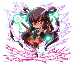 Rule 34 | 00s, 1girl, bare shoulders, bodysuit, boots, breasts, brown hair, chibi, curvy, dark-skinned female, dark skin, dual wielding, elbow gloves, electricity, female focus, finger on trigger, fingerless gloves, gloves, gun, hair ribbon, handgun, happy, hata (transistor baby), holding, leotard, long hair, looking at viewer, mizuki yukikaze, pistol, ribbon, simple background, skirt, small breasts, smile, solo, standing, taimanin (series), taimanin asagi, taimanin yukikaze, tan, thighhighs, thighs, twintails, two side up, very long hair, weapon, white background