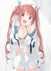 Rule 34 | 1girl, ahoge, bikini, bikini top only, bikini under clothes, blush, breasts, collarbone, commentary request, drill hair, fang, hair ribbon, hands in pockets, hazuki watora, highres, jacket, kani biimu, long hair, looking at viewer, open mouth, original, red eyes, red hair, ribbon, short sleeves, small breasts, smile, solo, standing, striped bikini, striped clothes, swimsuit, twin drills, twintails, two side up, wavy hair