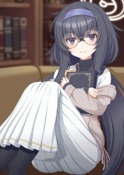 Rule 34 | 1girl, black eyes, black hair, black pantyhose, blue archive, blurry, book, bookshelf, commentary request, couch, depth of field, glasses, hair between eyes, hairband, halo, highres, holding, holding book, jewelry, knees up, long hair, long sleeves, looking at viewer, low twintails, necklace, pantyhose, pleated skirt, round eyewear, school uniform, serafuku, sidelocks, skirt, smile, solo, sweater, turtleneck, twintails, ui (blue archive), yoiyami mutsuki