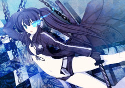 Rule 34 | 1girl, 47agdragon, absurdres, bikini, bikini shorts, bikini top only, black bikini, black hair, black rock shooter, black rock shooter (character), blue eyes, cable, chain, colored skin, flaming eye, headphones, highres, long hair, long sleeves, looking at viewer, midriff, navel, open mouth, revision, scar, short shorts, shorts, solo, swimsuit, sword, twintails, v-moda, very long hair, weapon, white skin