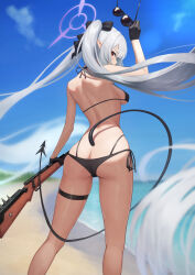 Rule 34 | 1girl, afe., armpit crease, ass, aviator sunglasses, back, bare shoulders, bikini, black bikini, black gloves, black ribbon, blue archive, blurry, blurry background, breasts, butt crack, commentary, dark-skinned female, dark skin, demon tail, from behind, gloves, grey hair, gun, hair ribbon, halo, holding, holding gun, holding removed eyewear, holding weapon, iori (blue archive), kneepits, long hair, looking at viewer, looking back, medium breasts, multi-strapped bikini bottom, pointy ears, profile, red eyes, ribbon, rifle, shoulder blades, sideboob, sniper rifle, solo, sunglasses, swimsuit, tail, thigh gap, thigh strap, twintails, unworn eyewear, very long hair, weapon