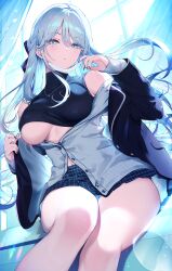 Rule 34 | 1girl, bare shoulders, blue eyes, blue hair, blue jacket, blue panties, blue skirt, blush, breasts, hair ornament, highres, jacket, kat (bu-kunn), large breasts, long hair, long sleeves, looking at viewer, mole, mole under eye, navel, off shoulder, open clothes, open jacket, original, panties, parted lips, partially unbuttoned, plaid, plaid skirt, skirt, solo, thighs, turtleneck, underboob, underwear