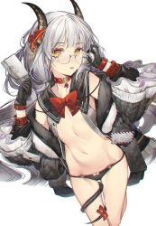 Rule 34 | 1girl, armpits, bare shoulders, black gloves, black jacket, black panties, bow, bowtie, buttons, choker, collarbone, crop top, envelope, flat chest, fur trim, glasses, gloves, grey shirt, hands up, highres, horn ornament, horn ribbon, horns, jacket, kaerunoko, leg up, long hair, long sleeves, looking at viewer, midriff, navel, no pants, off shoulder, open clothes, open jacket, open shirt, original, panties, red choker, ribbon, rimless eyewear, round eyewear, sailor collar, shirt, silver hair, sleeveless, sleeveless shirt, solo, stomach, string panties, symbol-shaped pupils, tail, tail around own leg, tail ornament, tail ribbon, thigh gap, thighs, tongue, tongue out, unbuttoned, unbuttoned shirt, underwear, wide sleeves, yellow eyes