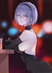 Rule 34 | 1girl, alcohol, aoi aoi, arms on table, backless outfit, bare shoulders, beer, black dress, black flower, black hairband, black rose, blue eyes, breasts, choker, cocktail dress, cup, dress, drink, drinking glass, elbow gloves, flower, from side, gloves, hairband, highres, ice, large breasts, lights, looking at viewer, mole, mole under mouth, nier (series), nier:automata, no blindfold, pink lips, rose, short hair, sideboob, silver hair, solo, standing, table, 2b (nier:automata)