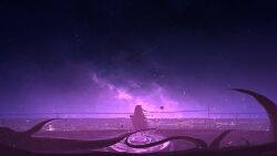 Rule 34 | 1girl, black hair, chain-link fence, city lights, cloud, facing ahead, fence, from behind, halo, highres, hololive, hololive english, horizon, legs together, long hair, magic circle, night, night sky, ninomae ina&#039;nis, outdoors, rune xiao, shooting star, sky, solo, sparkle, star (sky), starry sky, straight hair, tentacles, very long hair, virtual youtuber