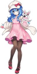Rule 34 | 1girl, ark order, artist request, black pantyhose, blue eyes, blue hair, bow, cabbie hat, date a live, dress, eyepatch, floral print, hand puppet, hat, jacket, long sleeves, mary janes, matching outfits, medium hair, official art, pantyhose, pink dress, pink footwear, puffy long sleeves, puffy sleeves, puppet, rabbit puppet, red bow, shoes, solo, stuffed animal, stuffed rabbit, stuffed toy, tachi-e, transparent background, white hat, white jacket, yoshino (date a live), yoshinon