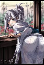 Rule 34 | 10s, 1girl, ahoge, asashimo (kancolle), ass, bad id, bad twitter id, hair over one eye, highres, japanese clothes, kantai collection, kimono, leaning forward, long hair, looking back, ponytail, seitei (04seitei), silver hair, yukata