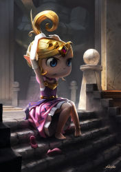 Rule 34 | 1girl, adjusting hair, barefoot, blonde hair, blue eyes, cassio yoshiyaki, dress, elbow gloves, forehead jewel, gloves, high ponytail, highres, image sample, long hair, nintendo, pigeon-toed, pink dress, pointy ears, princess zelda, shoes, unworn shoes, solo, stairs, tetra, the legend of zelda, the legend of zelda: the wind waker, tiara, toes, toon zelda, white gloves