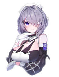 Rule 34 | 1girl, absurdres, arknights, bare shoulders, beudelb, black dress, blush, breasts, buttons, cleavage, detached sleeves, dress, eyepatch, gloves, hair intakes, hair ornament, hand up, hat, highres, large breasts, long sleeves, looking at viewer, medical eyepatch, purple eyes, purple hair, short hair, simple background, solo, two-tone dress, upper body, whisperain (arknights), white background, white dress, white gloves, white hat, x hair ornament