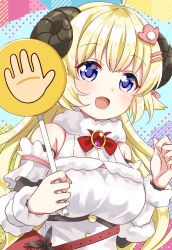 Rule 34 | 1girl, :d, ahoge, bare shoulders, blonde hair, blush, bow, bowtie, breasts, commentary request, curled horns, detached sleeves, dress, fur-trimmed dress, fur-trimmed sleeves, fur trim, hair ornament, hairclip, happy, highres, holding, holding sign, hololive, horns, large breasts, long hair, long sleeves, looking at viewer, multicolored background, open mouth, polka dot, polka dot background, purple eyes, red bow, red bowtie, sheep horns, short dress, sign, sleeveless, sleeveless dress, smile, solo, tsunomaki watame, tsunomaki watame (1st costume), upper body, usagi koushaku, virtual youtuber, white dress