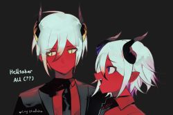 Rule 34 | 2boys, :d, artist name, black background, black jacket, black necktie, blue eyes, brown eyes, closed mouth, collared shirt, colored skin, danganronpa (series), danganronpa v3: killing harmony, demon boy, demon horns, fang, hair between eyes, helltaker, highres, horns, jacket, looking at another, male focus, medium hair, multiple boys, necktie, open clothes, open jacket, open mouth, oma kokichi, profile, red shirt, red skin, rina (crystalrina), saihara shuichi, shirt, sideways glance, simple background, smile, teeth, upper teeth only, white hair