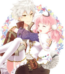 Rule 34 | 10s, 1boy, 1girl, atelier (series), atelier escha &amp; logy, bad id, bad pixiv id, bishounen, bracelet, braid, carrying, closed eyes, escha malier, fingerless gloves, floral background, french braid, gloves, hat, hetero, jewelry, kokuro, logix ficsario, messy hair, pink hair, pom pom (clothes), princess carry, short hair, skirt, smile, tail, thighhighs, twintails, white hair, white thighhighs, yellow eyes