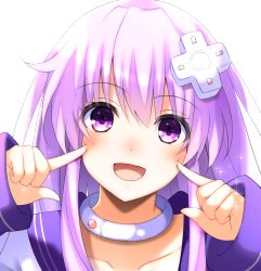 Rule 34 | choujigen game neptune, collar, commentary request, d-pad, d-pad hair ornament, doria (p f dolia), dress, finger to cheek, hair between eyes, hair ornament, index finger raised, long hair, long sleeves, looking at viewer, nepgear, neptune (series), pointing, pointing at self, purple eyes, purple hair, sailor dress, sidelocks, simple background, solo, white background