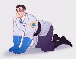 Rule 34 | 1boy, all fours, bara, blu medic (tf2), blue gloves, commentary, draw your babygirl (meme), full body, glasses, gloves, long sleeves, looking at viewer, male focus, medic (tf2), meme, military, military uniform, muscular, muscular male, necktie, pants, pectorals, sho guru, short hair, sideburns, solo, symbol-only commentary, team fortress 2, thick thighs, thighs, uniform, white background