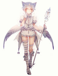 Rule 34 | 1boy, animal ears, asymmetrical clothes, bananaxcs7, blue hair, boots, bridal garter, doll joints, frilled thighhighs, frills, full body, gloves, horns, joints, original, puffy sleeves, simple background, single horn, single thighhigh, staff, thighhighs, white background, wings