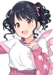Rule 34 | 1girl, animal bag, backpack, bag, black hair, bow, commentary request, earrings, facial mark, fangs, fukumaru koito, hair bow, hair ornament, hair ribbon, hairclip, hanetsuka, heart, heart facial mark, highres, idolmaster, idolmaster shiny colors, jewelry, long sleeves, looking at viewer, open mouth, pink eyes, pink ribbon, pom pom (clothes), pom pom earrings, rabbit bag, ribbon, short hair, skin fangs, solo, twintails, upper body, white background