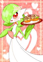Rule 34 | 1girl, artist name, blush, bob cut, border, bow, colored skin, creatures (company), female focus, flat chest, food, game freak, gardevoir, gen 3 pokemon, green hair, green skin, hair bow, hair over one eye, hand on own chest, hands up, happy, heart, heart background, highres, holding, holding food, holding tray, looking at viewer, multicolored skin, nintendo, one eye covered, open mouth, orange bow, outside border, pokemon, pokemon (creature), red background, red eyes, short hair, signature, smile, solo, sparkle, standing, symbol-shaped pupils, tart (food), tray, two-tone skin, white skin, yellow border, yuri (fl0werspace)