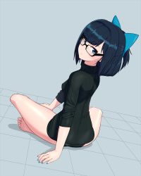 Rule 34 | 1girl, a-chan (hololive), bad id, bad twitter id, black panties, blue eyes, blue hair, blue nails, breasts, closed mouth, feet, from behind, glasses, hair ornament, hair ribbon, highres, hololive, iwahana, knees, looking at viewer, medium hair, nail polish, panties, ribbon, simple background, sitting, small breasts, solo, tagme, thighs, turtleneck, underwear, virtual youtuber