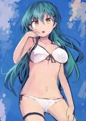 Rule 34 | 1girl, absurdres, bikini, blue hair, brown eyes, cherry, day, eating, female focus, food, fruit, hair ornament, hairclip, highres, kaamin (mariarose753), kantai collection, looking at viewer, navel, outdoors, solo, suzuya (kancolle), swimsuit, thigh strap, white bikini