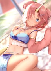 Rule 34 | 1girl, bandaged arm, bandages, bare shoulders, beach, beach umbrella, bikini, bikini skirt, blue bikini, blue bow, blue eyes, blue skirt, bow, bow bikini, breasts, choker, cleavage, closed mouth, collarbone, day, detached sleeves, double bun, dutch angle, fate/apocrypha, fate (series), frankenstein&#039;s monster (fate), frankenstein&#039;s monster (swimsuit saber) (fate), frankenstein&#039;s monster (swimsuit saber) (second ascension) (fate), groin, hair bun, hair ornament, hair over one eye, hairclip, headgear, highres, horns, long sleeves, lying, maosame, medium breasts, miniskirt, navel, on back, one eye covered, outdoors, pink hair, pleated skirt, single detached sleeve, single horn, skirt, sleeves past wrists, small breasts, smile, solo, stomach, sweat, swimsuit, umbrella, upper body, white choker