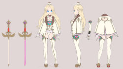Rule 34 | 1girl, arms at sides, ass, blonde hair, blue eyes, bow, bowtie, braid, breasts, capelet, cleavage, concept art, contrapposto, elbow gloves, enkyo yuuichirou, french braid, frilled leotard, frills, gloves, grey background, hat, high heels, highres, large breasts, leotard, looking at viewer, mini hat, mini top hat, multiple views, original, simple background, smile, sword, thighhighs, top hat, weapon, white bow, white capelet, white gloves, white headwear, white leotard, white neckwear, white thighhighs