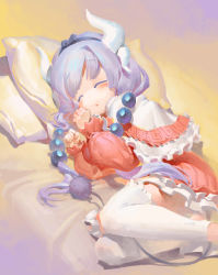 Rule 34 | 10s, 1girl, absurdres, beads, bed, bed sheet, blunt bangs, blush, capelet, closed eyes, dragon girl, dragon horns, dragon tail, dress, gothic lolita, hair beads, hair ornament, highres, horns, kanna kamui, kobayashi-san chi no maidragon, light purple hair, lolita fashion, long hair, long sleeves, low twintails, lying, on side, open mouth, pillow, pink dress, purple background, simple background, sleeping, solo, tail, thighhighs, twintails, white thighhighs, xiao duzi
