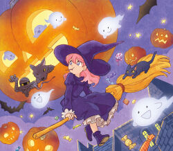 Rule 34 | 1girl, animal, bat (animal), boots, broom, candy, cat, dress, flat chest, flying, food, full body, ghost, halloween, hat, lollipop, long hair, looking to the side, monaka (siromona), mummy, night, one eye closed, original, pink hair, pumpkin, purple eyes, purple sky, sitting, sky, stick, witch, witch hat, wolf