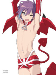 Rule 34 | 1boy, armpits, arms up, blue hair, dated, demon boy, demon tail, demon wings, detached collar, earrings, elbow gloves, fang, gloves, hiiragi jun, jewelry, male focus, multicolored hair, navel piercing, nipples, one eye closed, onegai my melody, open mouth, piercing, popottiee (1625798), potti-p, purple hair, sanrio, short shorts, shorts, solo, tail, topless male, twitter username, wings