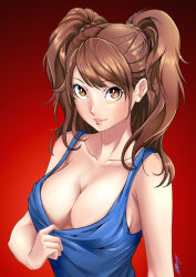 Rule 34 | 1girl, albyee, alternate costume, blue shirt, breasts, brown eyes, brown hair, cleavage, clothes pull, collarbone, commentary, commission, english commentary, eyelashes, gradient background, kujikawa rise, large breasts, lips, long hair, looking at viewer, parted bangs, parted lips, persona, persona 4, red background, shiny skin, shirt, shirt pull, sideboob, sidelocks, signature, sleeveless, sleeveless shirt, smile, solo, swept bangs, teasing, twintails, upper body