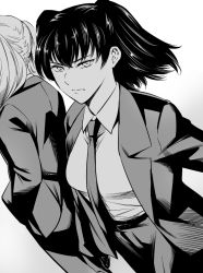 Rule 34 | 2girls, black lagoon, character request, closed mouth, collared shirt, formal, greyscale, jacket, looking at viewer, maguro teikoku, medium hair, monochrome, multiple girls, necktie, open clothes, open jacket, pant suit, pants, ponytail, shirt, simple background, solo focus, suit, two side up, white background, wing collar
