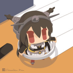 Rule 34 | 10s, 1girl, bad id, bad pixiv id, brown hair, chameleon man (three), chibi, flat color, hairband, kantai collection, long hair, mini person, minigirl, nagato (kancolle), no lineart, paper, red eyes, solo, table