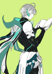 1boy ahoge alhaitham_(genshin_impact) book cape commentary detached_sleeves from_side genshin_impact gloves green_background holding holding_book limited_palette male_focus multicolored_hair onegingek parted_lips partially_fingerless_gloves profile simple_background solo symbol-only_commentary