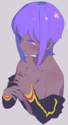 Rule 34 | 1girl, bare shoulders, blush, breasts, dark-skinned female, dark skin, fate/grand order, fate (series), grey background, hassan of serenity (fate), highres, long sleeves, medium breasts, open mouth, peaceyj, purple eyes, purple hair, simple background, solo, undressing