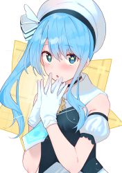 Rule 34 | 1girl, absurdres, aqua eyes, aqua hair, aqua necktie, arm cuffs, black choker, blue shirt, blush, breasts, choker, commentary, gloves, hair between eyes, hair ribbon, hat, highres, hololive, hoshimachi suisei, hoshimachi suisei (old design), looking at viewer, medium hair, necktie, open mouth, own hands together, ribbon, shirt, short necktie, side ponytail, simple background, sleeveless, small breasts, solo, star-shaped pupils, star (symbol), symbol-shaped pupils, tonarikeru, upper body, virtual youtuber, white background, white gloves, white hat