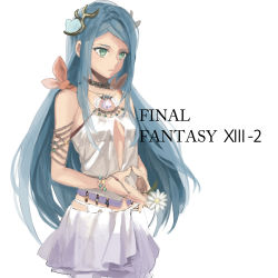 Rule 34 | 10s, 1girl, bad id, bad pixiv id, bare shoulders, blue hair, breasts, buun ko, center opening, copyright name, daisy, english text, final fantasy, final fantasy xiii, final fantasy xiii-2, flower, green eyes, hair ornament, long hair, paddra nsu-yeul, skirt, solo, very long hair, white background